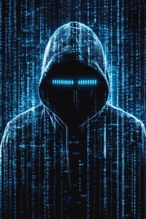 神秘黑客置身数字代码背景