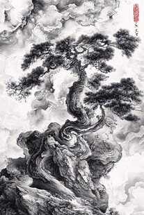 水墨孤松傲立云雾间