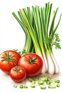 新鲜番茄与青葱蔬菜组合