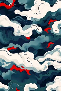 中式云纹图案 灵动云海红飘带