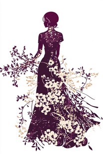 优雅花裙女子背影剪影