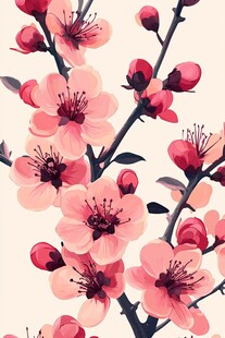 盛开的粉色花枝插画