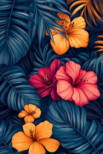 热带花卉与叶片绚丽图案
