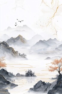 水墨山水间飞鸟映秋景