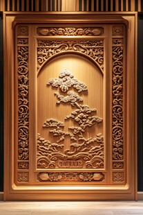 中式木雕门 精致松树图案