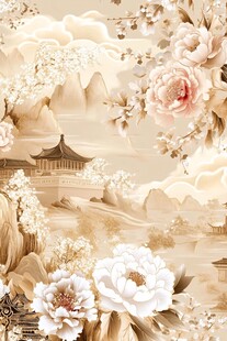 中式山水牡丹古风壁画