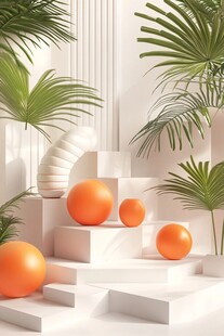 橙色球体与绿植的简约场景