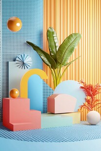 多彩几何与绿植创意场景