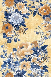 金黄底色蓝黄花卉图案