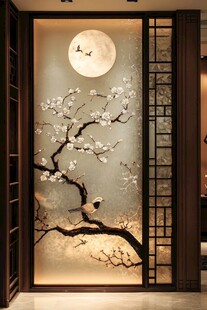 中式月景花鸟屏风壁画