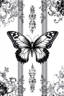 黑白蝴蝶与花卉装饰图案