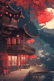 古风月夜下的中式楼阁美景