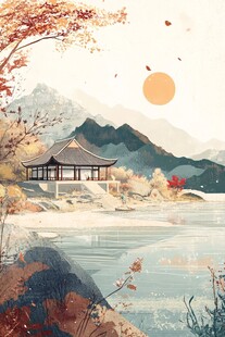 秋日湖畔古风建筑美景