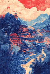 梦幻中式山水村落景观