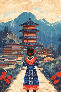 女孩着古装眺望古楼山色