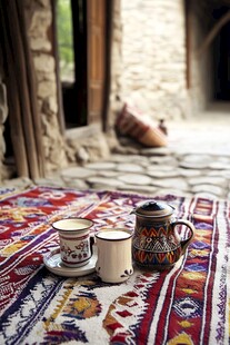传统风情中的茶具与地毯