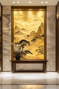 中式玄关处的山水艺术壁画