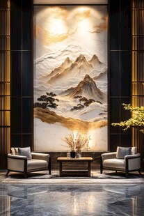 中式客厅山水浮雕壁画装饰