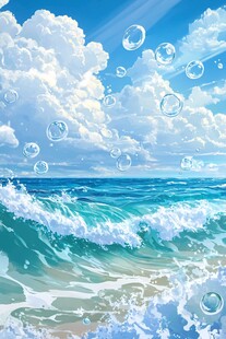 海浪翻涌天空飘满梦幻泡泡