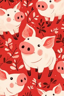 红色背景上的可爱小猪图案