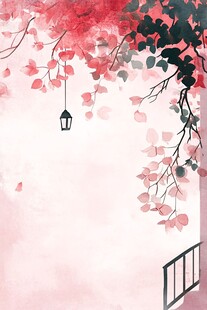 粉色花树下垂挂的灯笼