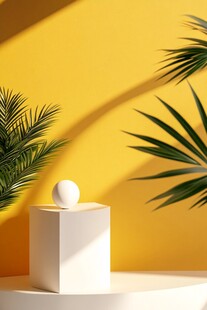 黄色背景下的植物与圆球