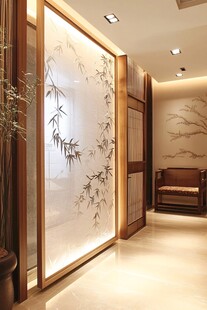 中式雅致玄关 竹纹屏风美