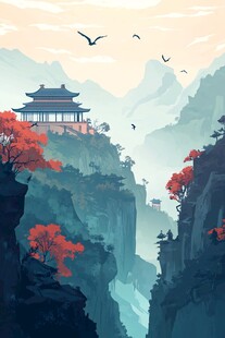 山间古亭映红叶飞鸟景