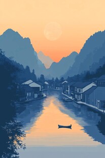 黄昏江畔村落宁静美景