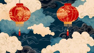 双红灯笼映云海中式风