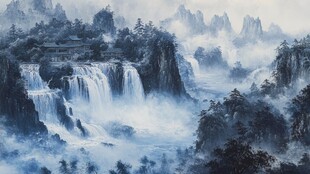 水墨山水瀑布壮丽图景