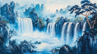 水墨山水间的壮丽瀑布奇观