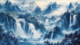 水墨山水间的壮丽瀑布景观