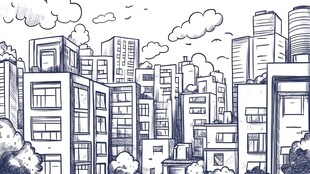 手绘城市建筑景观图