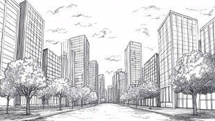 城市街道建筑黑白线条画
