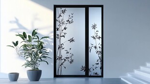 中式竹纹玻璃移门与绿植