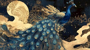金蓝孔雀伴月梦幻国风图