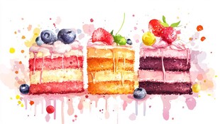 水彩风美味多层水果蛋糕