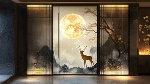 中式窗景下的月夜鹿影