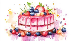水彩风缤纷水果装饰蛋糕
