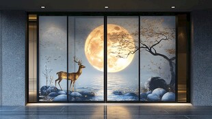 中式玄关处的月夜鹿景图