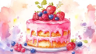 水彩风莓果装饰美味蛋糕