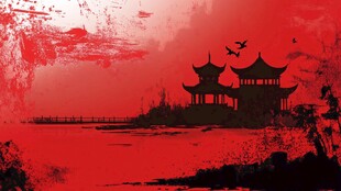 水墨红韵中的中式亭阁