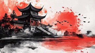 水墨古风 落日下的中式楼阁