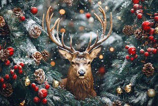 圣诞麋鹿置身松枝红果间