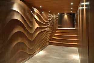 木质波浪墙的精致室内走廊