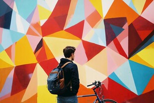男子背背包伴单车赏彩墙
