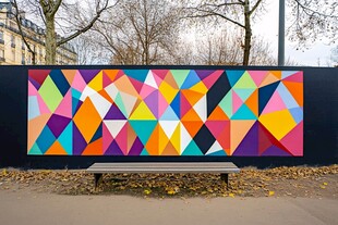 多彩几何涂鸦墙前的长椅