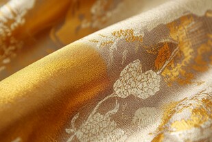 金黄花纹丝绸布料特写