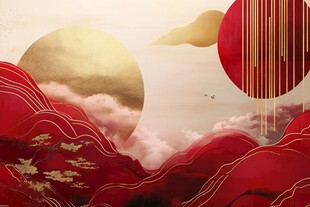 国风红金山水意境插画